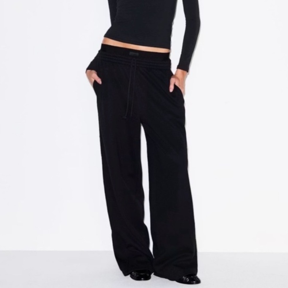 Skims Exposed Boxer Pant Women M Onyx New Cotton Fleece Wide Leg PT-PNT-10459W